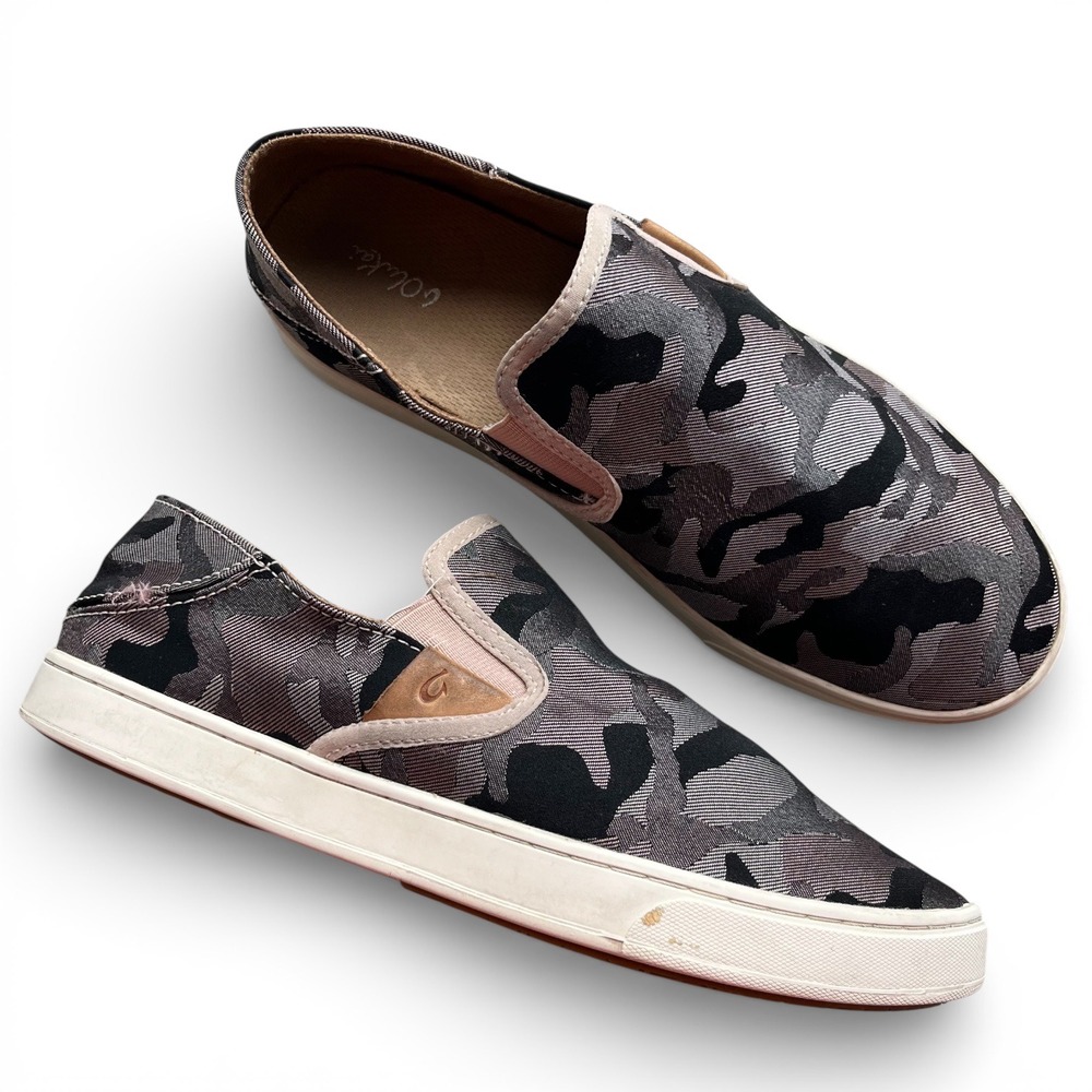Olukai Womens 10 Gray Camouflage Slip On Drop In Heel Pehuea Pa'i Sneakers Beach
